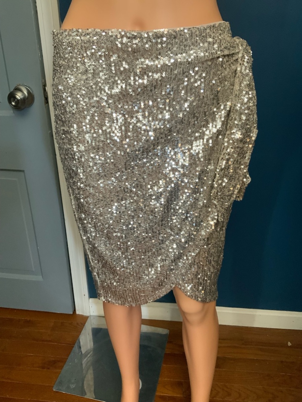 Express Silver Sequin Wrap Pencil Skirt